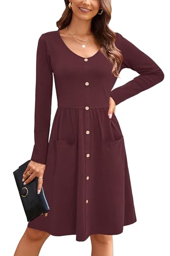 OUGES Womens Fall Long Sleeve Midi Dresses Button Down V Neck Skater Dress with Pockets 2026(Red,L)