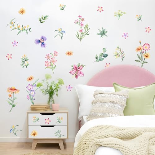 Tanlaby Pegatinas Pared Florales 33 Flores Coloridas Estilo Pintura Pegatinas Decorativas Boho Vinilos Pared Retro para Dormitorio, Salón, Oficina Adhesivos Decorativos para TV, Sofá, Hogar