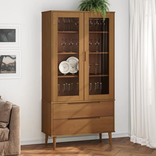 ZQQLVOO Vitrina Escandinava de Madera de Pino Macizo con 2 Cajones y 4 Compartimentos, Estantería con Puertas de Cristal y Barniz UV para Decoración y Almacenamiento en Hogar