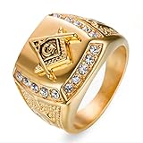 Masonic Ring for Men, Gold Freemason Ring Hip Hop Crystal Masonic Ring Men’s Punk Freemason Signet R