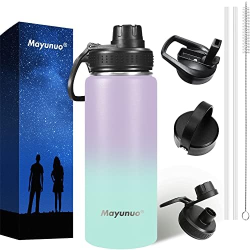 Mayunuo 18 oz Insulated Metal Water Bottle, Stainless Steel Double Wall Vacuum Wide Mouth Sport Water Bottle With Straw, 3 Leak Proof Lids, 1 Tube Brush, BPA-Free, Purplish green