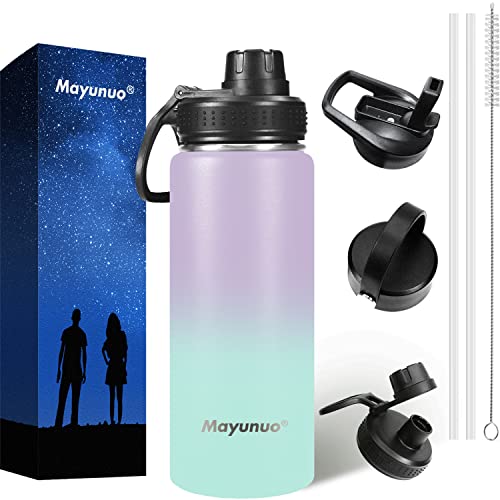 Mayunuo 18 Oz Insulated Metal Water Bottle, Stainless Steel Double Wall Vacuum Wide Mouth Sport Water Bottle With Straw, 3 Leak Proof Lids, 1 Tube Brush, Bpa-Free, Purplish Green #TOP3