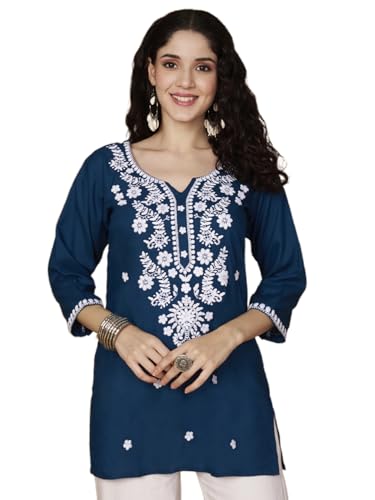 Image of Short Kurti for Women for Jeans, Chikankari Kurtis for Ladies, Lakhnavi V- Neck Women's Tunic Design Kurta, Floral Kurtas & Tunics for Woman