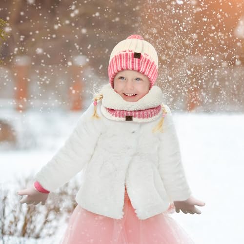 Kids Hat Gloves Scarf Set: Winter Warm Beanie Hats Toddler Knit Neck Warmer Gaiter Fleece Lined Mittens with Socks Boys Girls2