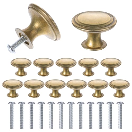 JIYIN 12 pomos de bronce antiguo, tiradores de armario vintage, tiradores redondos de bronce para puerta de armario con 12 tornillos, juego de pomos para armarios y cajones (cobre)