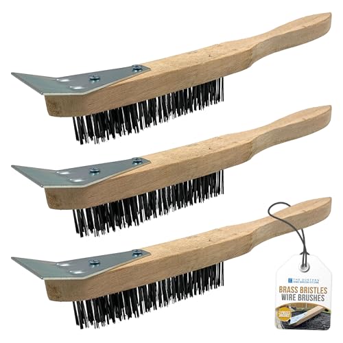Image of Wooden Wire Brush Set – Heavy Duty 4 Row Steel Brush with Wooden Handle and Metal Scraper, Steel Wire Brush for Rust Removal and Abrasive Cleaning (Set of 3 Wire Brushes)