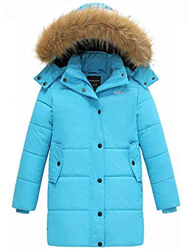 Wantdo Girl's Mid-Long Winter Coat Wind-Resistant Fleece Lined Anorak Hooded Parka Light Blue 8