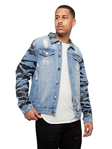 Victorious Men's Casual Distressed Tiger Stripe Camo Sleeve Denim Jean Jacket Dk154 - Indigo - Small #TOP3