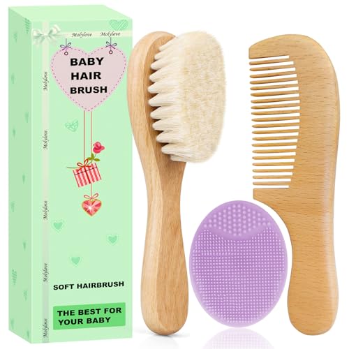 Molylove Baby Hair Brush and Comb Set for Newborns & Toddlers | Wooden Baby Brush Set with Soft Goat Bristles l Wood Comb l Purple Cradle Cap Brush|...