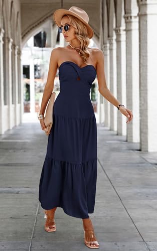 Image of ECOWISH Women's Summer Strapless Maxi Dress 2026 Off Shoulder Hollow Out Smocked A Line Tube Tiered Long Dresses
