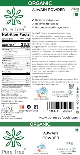 Image of Pure Tree Certified Organic Ajwain Powder | Carom Seed Powder | Ajavain | Omam Powder Gluten-Free | Vamu Seeds | Ajowan | Ayamodakam Seeds Rich In Antioxidants, 200 gram