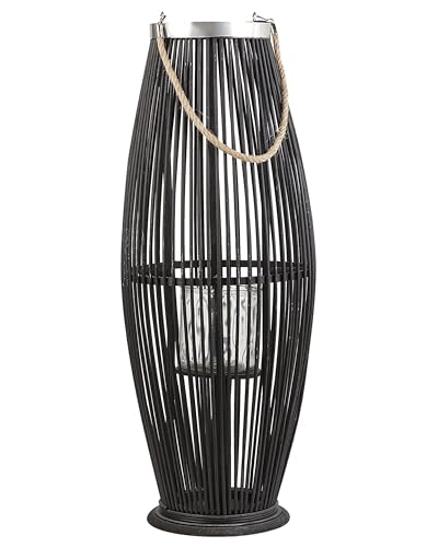 Bambusholz Deko Laterne schwarz Flechtoptik Windlicht mit Glaseinsatz Retro Gartenlaterne Kerzenhalter Kerzenständer 72 cm Tahiti