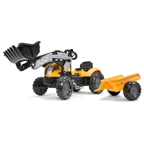 Falk - Tractopelle à pédales Mighty Builder - Jaune - avec remorque - Fabriqué en France - Dès 2 Ans - 2055ML