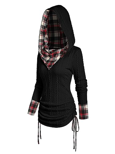 Image of ZEZCLO Women's Twisted Cable Knit Plaid Print Hooded Sweater Mock Button Ruched Shawl Neck Knit Top