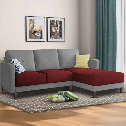 Image of Baloney RHS 4 Seater L Shape Sofa Set for Living Room (Maroon Grey Fabric) Premium Fabric Sofa