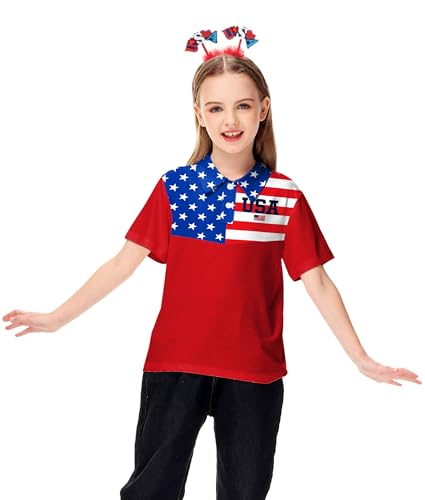 Image of AOBUTE Kids 4th of July Polo American Flag Short Sleeve Button Down Shirts Tops 3-14 Years