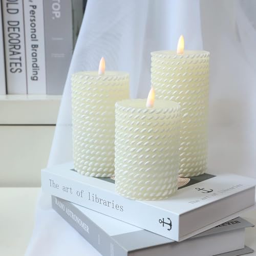 Image of Crystal Club White Flameless Candles,Corded Pattern Carving Battery Operated Candles with Remote Control LED Pillar Candles for Wedding Holiday Home Tabe Decor