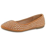  VAN HILL Damen Klassische Ballerinas Flache Schuhe Strass Slippers Büro Freizeitschuhe Veloursleder-Optik Abendschuhe 211117 Hellbraun 38