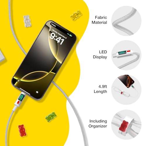 Image of DCHK Haribo 100W PD Fast Charging USB-C Cable (1pack, 4.9ft), Durable Braided Cord, LED Power Display, Gummy Bear Style, Compatible with iPhone 15 /16, Galaxy, Pixel, iPad