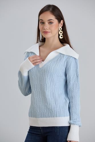 Image of Sweaters for Women Fashion Long Sleeve Lapel Collar V Neck Casual Knit Color Block Pullover Sweater
