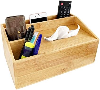 Natural Bamboo Wooden Multi-Function Tissue Box Holder - 4 Compartment Desk Organiser - Remote Control Holder Tissue Dispenser - Stationary Organiser and Condiment Caddy Organiser