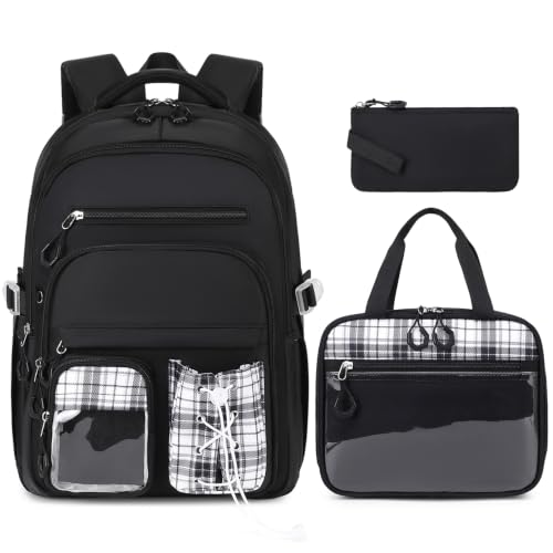 GeeWin Girls Backpack for School with Lunch Box & Pencil Case Set 17 Inch Stylish Plaid Girls Bookbag with Lots of Pockets for Kids Teens Elementary Middle High College School Student (Black)
