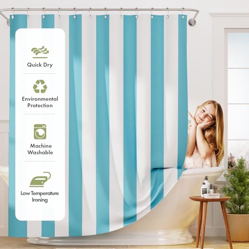 Image of AmazerBath Blue Vertical Stripes Shower Curtain, Cute Blue Stripe Bathroom Shower Curtain with 12 Shower Curtain Hooks, Rustic Fabric Blue and White, 72x72 Inches