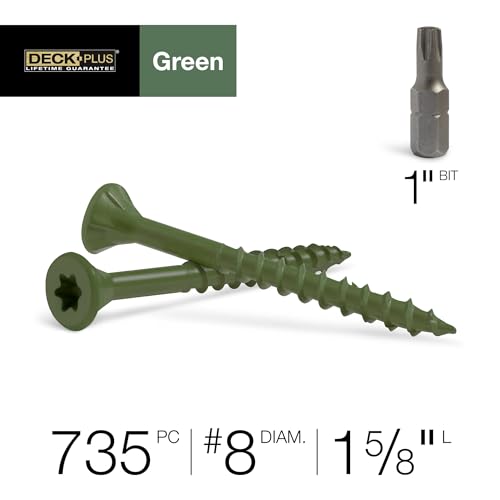 Image of Deck Plus 1-5 /8 Inch Epoxy Coated Exterior Wood and Fence Screws #8 x 1-5 /8 inch Torx /Star Drive Included Coarse Thread, Outdoor Rust Resistant Decking Screw, Green, 5lb Box, 735 Pieces | 48398