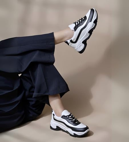 Image of JM LOOKS Women Lace-Up Sneakers Casual Shoes Monochrome Chunky Sneakers for Women & Girls