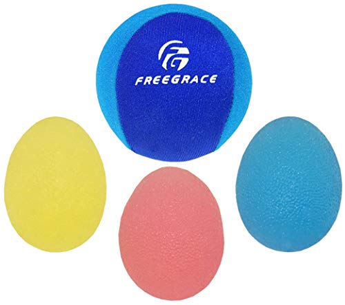 Freegrace Hand Grip Strengthening Stress Relief Squeeze Balls/Squishy Ball Bundle - Hand Exercise & Therapy Set - Great for Adults & Elders - Physical Rehabilitation (3 Eggs + 1 Ball)