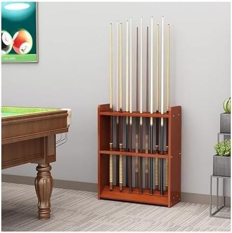 OYYMTE Wooden Pool Cue Stand, Floor Billiard Table Rack, Holds 12 Cues, Corner Snooker, Light Walnut - Billiards Room Furniture(Teak Color)