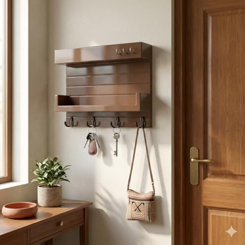 Image of Key Holder for Wall with Mail Shelf & 4 Hooks | Engineered Wood (Brown, 36D x 23W x 10H Centimeters)
