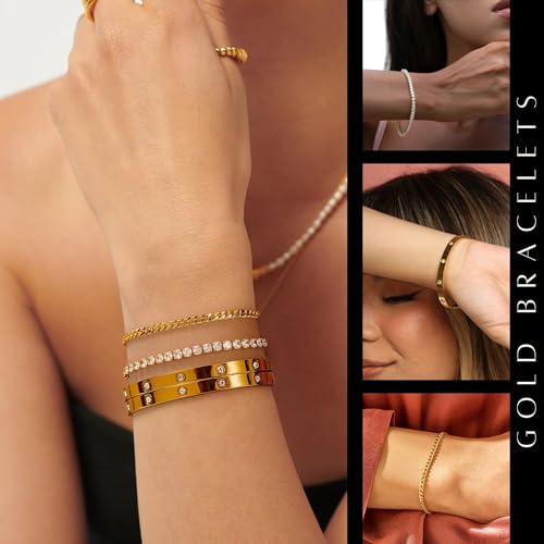 Kainier Gold Bracelets Sets for Women 4pcs Love Bangle Bracelet Cubic Zirconia Tennis Cuban Chain Stacking Gift for Love Gold/Silver2