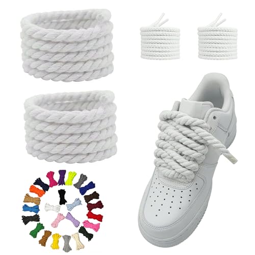 HEHUAtech 1 Pairs Thick Rope Shoe Laces For Sneakers 8mm Chunky Fat Shoelaces Twisted Laces Solid Colors Shoestrings (White 47 Inch(120cm))