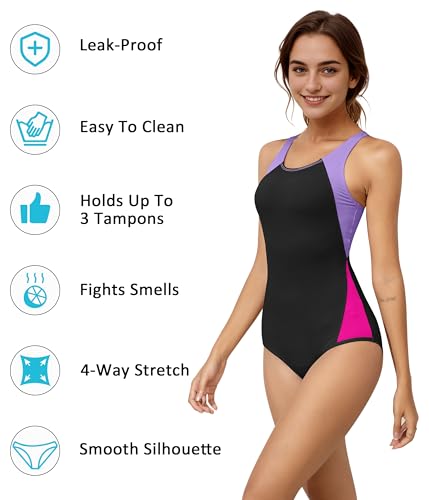 Beautikini Period Swimwear One Piece Leakproof Menstrual Swimsuit Racerback Color Block Bathing Suit for Teen Girls Women3