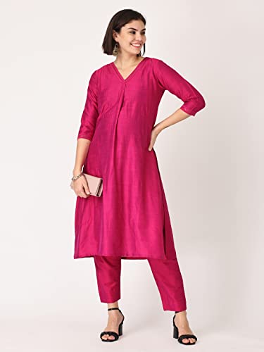 Image of The Mom Store Maternity Nursing and Feeding Kurta Set | Nursing Zippers | Pre and Post Pregnancy | Raw Silk | Kurta Pant Set | Solid |
