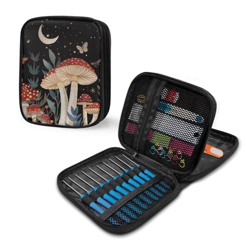 Image of Moon Mushroom Crochet Hook Case Organizer Easy to Clean Knitting Needle Storage with Web Pockets Crochet Hook Case for Travel Lightweight