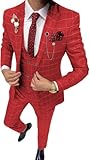 Aesido Business Men's Suits Slim Fits 3 Piece Double Breasted Breathable TR Plaid Thin Prom Tuxedos Blazer Wedding Grooms(Red,36)