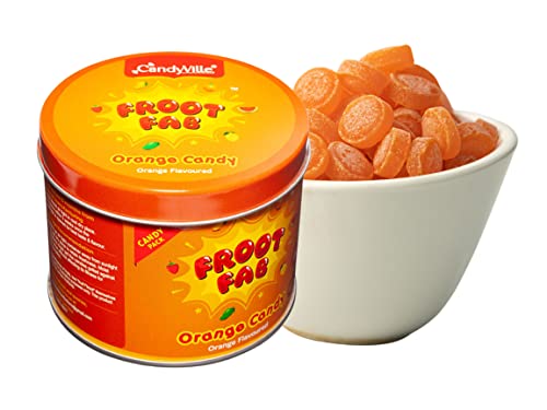 Image of CandyVille Frootfab Orange Candy Tin (340 Gm) | Narangee Candy | Santra Goli | Fruit Flavoured Candy Tin