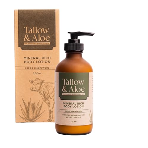 Tallow & Aloe Mineral-Rich Body + Face Lotion for Dry & Eczema-Prone Skin Grass-Fed Tallow & Aloe Vera Moisturiser Non-Greasy Hydration Coco & Sandalwood 250ml Made in the UK
