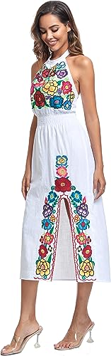 Image of Womens Mexican Floral Embroidered Halter Maxi Dress Side Slit Boho Dress