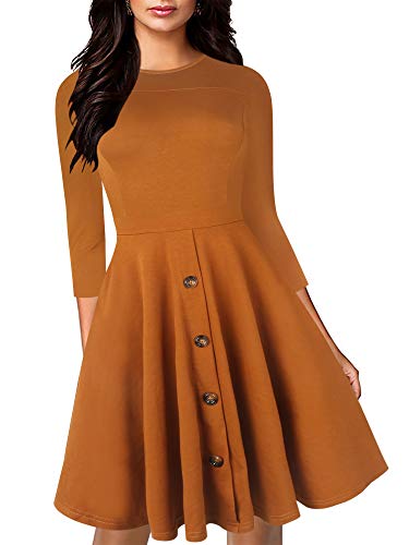 oxiuly Chic 3/4 Sleeve Solid Cotton Party Cocktail A Line Dress Pockets Casual Dress for Women OX266 (M, Caramel 7F)