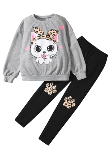 Image of Floerns Girl's Two Piece Outfit Cartoon Print Sweatshirt Top and Leggings Set