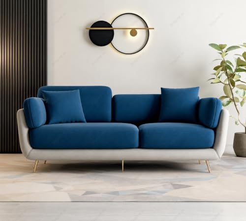 Image of 3 Seater Dual Color Sofa, Velvet Fabric (Blue & Off-White) | Solid wood structure, premium velvet upholstery, sturdy golden legs, ideal for living room seating.