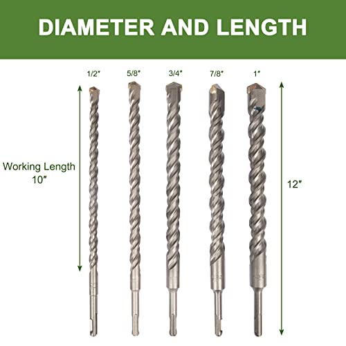 Hlofizi Sds Plus Bits 5-Piece Rotary Hammer Drill Bits Set For Masonry Concrete Block Brick Stone, 1/2", 5/8", 3/4", 7/8", 1" X 12" #TOP1