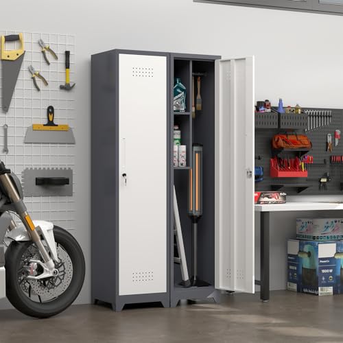 Image of Metal Broom Storage Cabinets, Narrow Cabinet with Hooks, 65 inch Slim Bathroom Storage Cabinet with Shelves, Heavy-Duty Cleaning Cabinets for Utility Room, Gym, Office, Garage