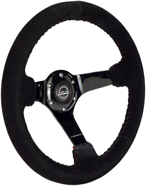 NRG Innovations NRG-RST-036BK-S Reinforced Steering Wheel 350mm Diameter Sport Steering Wheel (3' Deep) Black Suede With Red Baseball Stitching - BLACK Spoke