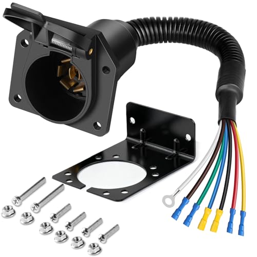 Premium 7 Pin Trailer Connector with Mounting Bracket，Heavy-Duty 7 Pin Trailer Plug with Color-Coded Wiring Harness for Easy Installation，Waterproof 7 Way Trailer Plug for RVs，Trailers，Boat Trailers