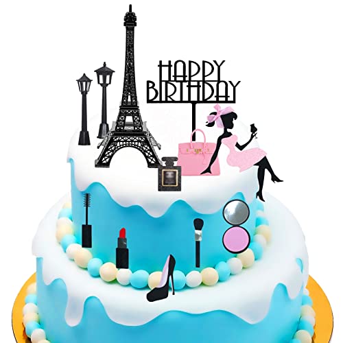 PLORBACH 12Pcs Eiffel Tower Cake Topper Paris Themed Birthday Party Decorations Paris Cake Topper with 7 Inch Eiffel Tower Happy Birthday Makeup Kit Street Lamp Pink Bag Cake Decorations