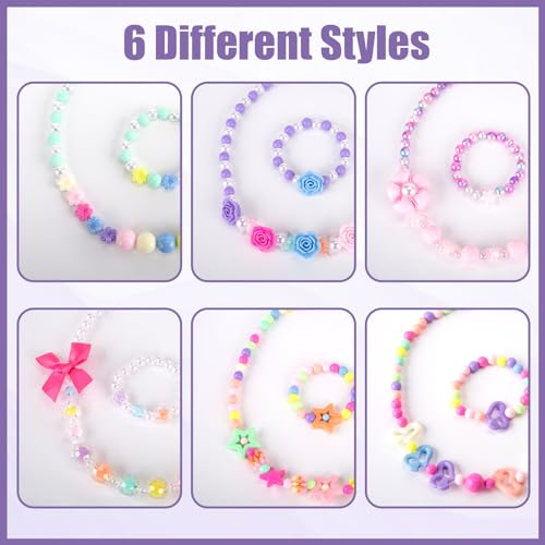 image for BigOtters Little Girls Necklace Bracelet, 6 Sets Lovely Colorful Beads
